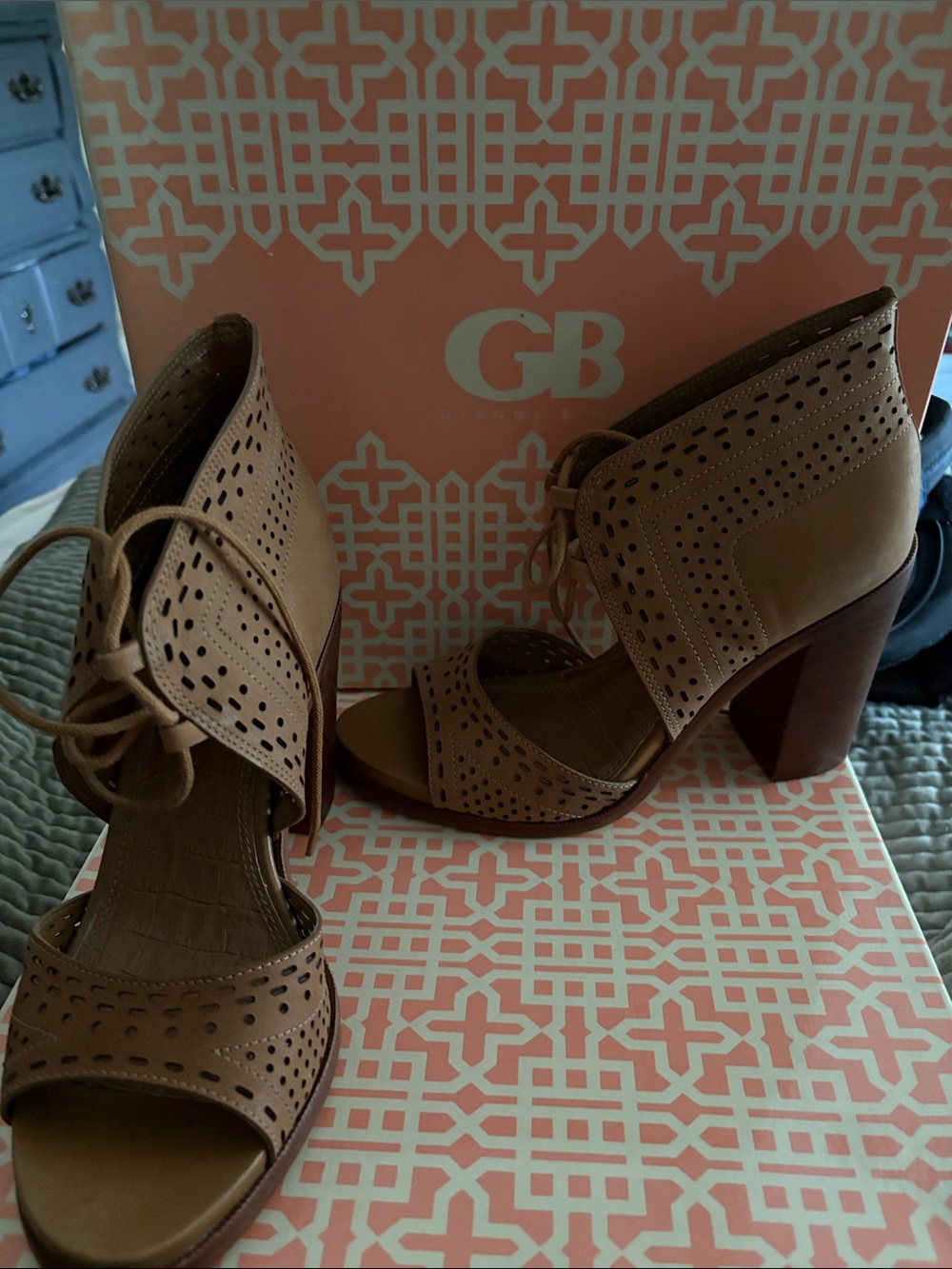 Gianni Bini Tan Perforated Lace-Up Block Heel Sandals